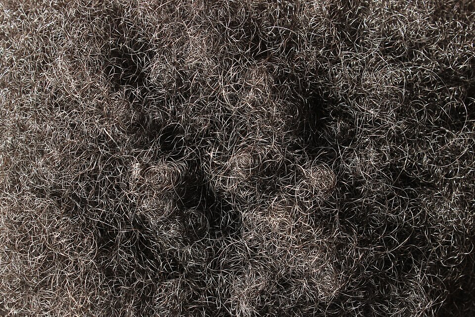 Macro-opname van dicht op elkaar liggende kleine krullen en coils in donker haar.